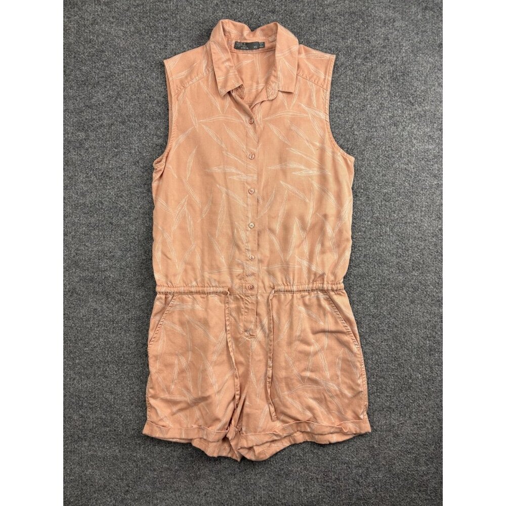 PrAna Romper Womens XS Pink Leaf Print Button Front Collared Tencel Lyocell